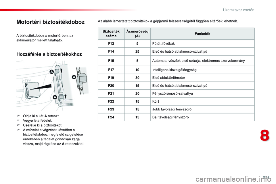 CITROEN JUMPER SPACETOURER 2017 Kezelési útmutató (in Hungarian) 315
Spacetourer-VP_hu_Chap08_En-cas-de-panne_ed01-2016
Motortéri biztosítékdoboz
F Oldja ki a két A reteszt.
F V egye le a fedelet.
F
C
serélje ki a biztosítékot.
F
A m
űvelet elvégzés CITROEN JUMPER SPACETOURER 2017 Kezelési útmutató (in Hungarian) 315
Spacetourer-VP_hu_Chap08_En-cas-de-panne_ed01-2016
Motortéri biztosítékdoboz
F Oldja ki a két A reteszt.
F V egye le a fedelet.
F
C
serélje ki a biztosítékot.
F
A m
űvelet elvégzés