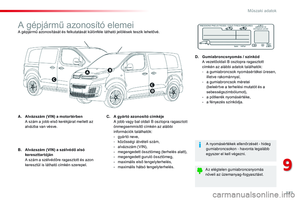 CITROEN JUMPER SPACETOURER 2017 Kezelési útmutató (in Hungarian) 327
Spacetourer-VP_hu_Chap09_caracteristiques-techniques_ed01-2016
A gépjármű azonosító elemeiA gépjármű azonosítását és felkutatását különféle látható jelölések teszik lehetővé CITROEN JUMPER SPACETOURER 2017 Kezelési útmutató (in Hungarian) 327
Spacetourer-VP_hu_Chap09_caracteristiques-techniques_ed01-2016
A gépjármű azonosító elemeiA gépjármű azonosítását és felkutatását különféle látható jelölések teszik lehetővé