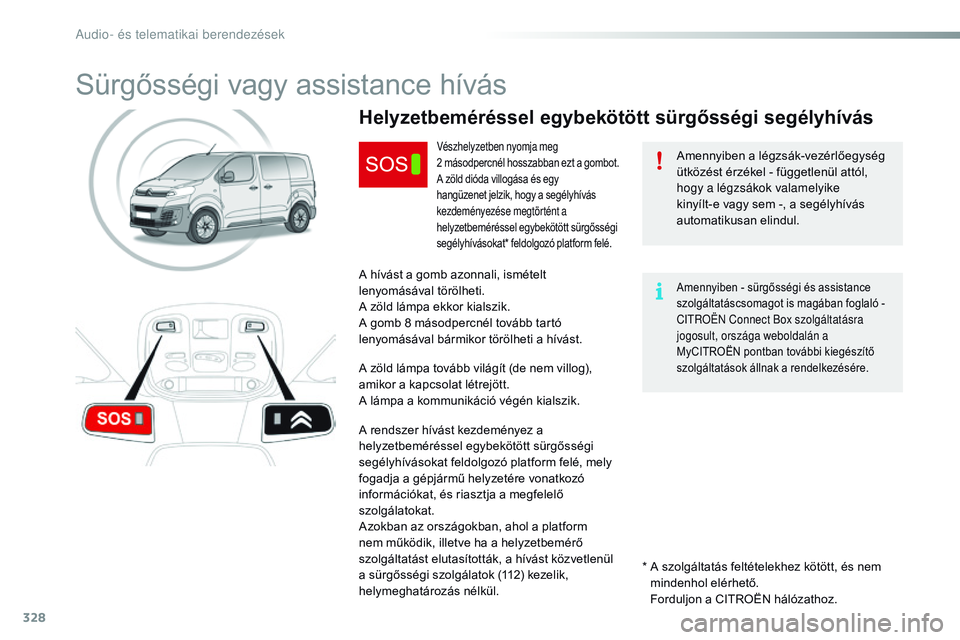 CITROEN JUMPER SPACETOURER 2017 Kezelési útmutató (in Hungarian) 328
Spacetourer-VP_hu_Chap10a_BTA_ed01-2016
Sürgősségi vagy assistance hívás
Amennyiben a légzsák-vezérlőegység
ütközést érzékel - függetlenül attól,
hogy a légzsákok valamelyike CITROEN JUMPER SPACETOURER 2017 Kezelési útmutató (in Hungarian) 328
Spacetourer-VP_hu_Chap10a_BTA_ed01-2016
Sürgősségi vagy assistance hívás
Amennyiben a légzsák-vezérlőegység
ütközést érzékel - függetlenül attól,
hogy a légzsákok valamelyike