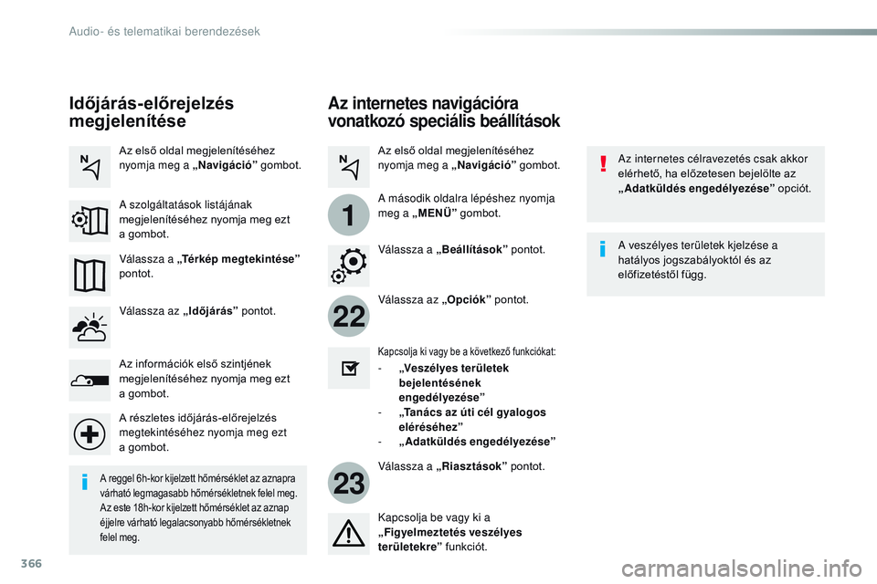 CITROEN JUMPER SPACETOURER 2017  Kezelési útmutató (in Hungarian) 366
22
23
1
Spacetourer-VP_hu_Chap10b_NAC-1_ed01-2016
Az internetes navigációra 
vonatkozó speciális beállítások
Az internetes célravezetés csak akkor 
elérhető, ha előzetesen bejelölte a