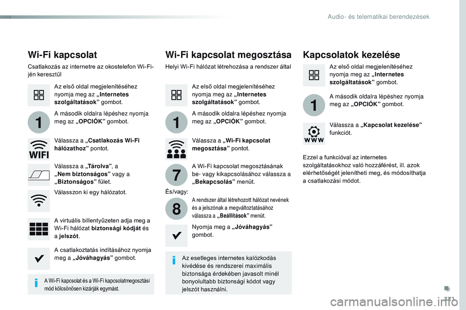 CITROEN JUMPER SPACETOURER 2017  Kezelési útmutató (in Hungarian) 371
11
1
7
8
Spacetourer-VP_hu_Chap10b_NAC-1_ed01-2016
Wi-Fi kapcsolatWi-Fi kapcsolat megosztása Kapcsolatok kezelése
Az esetleges internetes kalózkodás 
kivédése és rendszerei maximális 
bizt