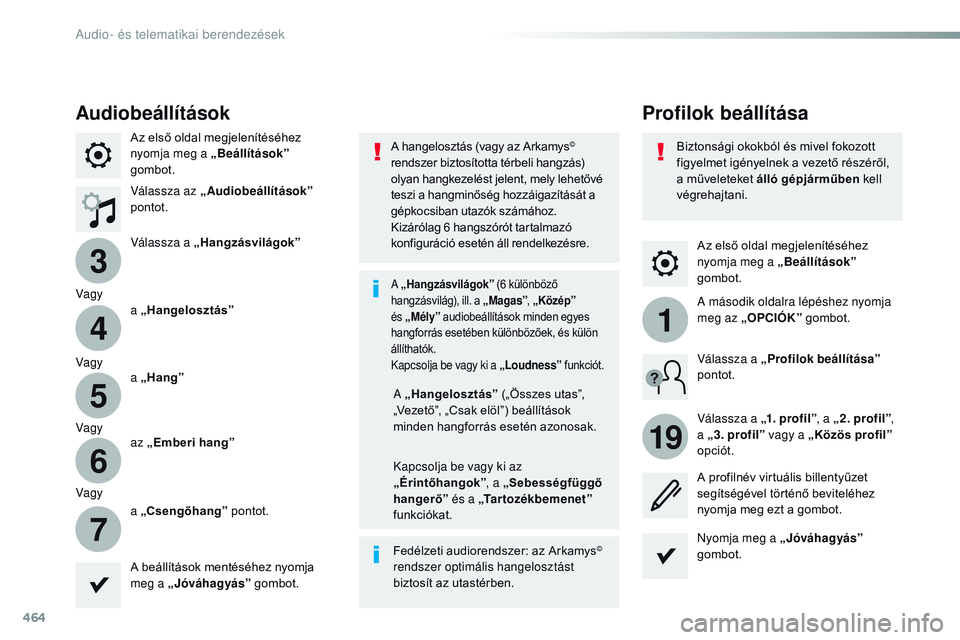 CITROEN JUMPER SPACETOURER 2017  Kezelési útmutató (in Hungarian) 464
3
4
5
6
7
1
19
Spacetourer-VP_hu_Chap10c_RCC-1_ed01-2016
Az első oldal megjelenítéséhez 
nyomja meg a „Beállítások” 
gombot.
Profilok beállítása
Audiobeállítások
Az első oldal me