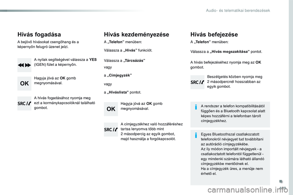 CITROEN JUMPER SPACETOURER 2017 Kezelési útmutató (in Hungarian) 489
Spacetourer-VP_hu_Chap10d_RD6_ed01-2016
Hívás fogadása
A bejövő hívásokat csengőhang és a
képernyőn felugró üzenet jelzi.A nyilak segítségével válassza a YES
(IGEN) fület a k CITROEN JUMPER SPACETOURER 2017 Kezelési útmutató (in Hungarian) 489
Spacetourer-VP_hu_Chap10d_RD6_ed01-2016
Hívás fogadása
A bejövő hívásokat csengőhang és a
képernyőn felugró üzenet jelzi.A nyilak segítségével válassza a YES
(IGEN) fület a k