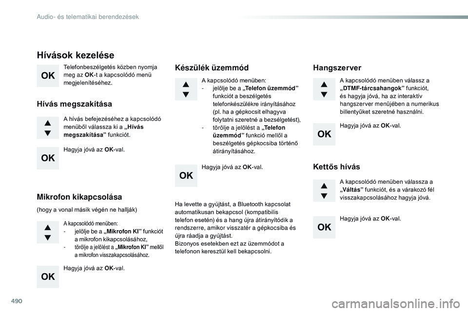 CITROEN JUMPER SPACETOURER 2017 Kezelési útmutató (in Hungarian) 490
Telefonbeszélgetés közben nyomja
meg az OK-t a kapcsolódó menü
megjelenítéséhez.
A hívás befejezéséhez a kapcsolódó
menüből válassza ki a „Hívás
megszakítása” funkci CITROEN JUMPER SPACETOURER 2017 Kezelési útmutató (in Hungarian) 490
Telefonbeszélgetés közben nyomja
meg az OK-t a kapcsolódó menü
megjelenítéséhez.
A hívás befejezéséhez a kapcsolódó
menüből válassza ki a „Hívás
megszakítása” funkci