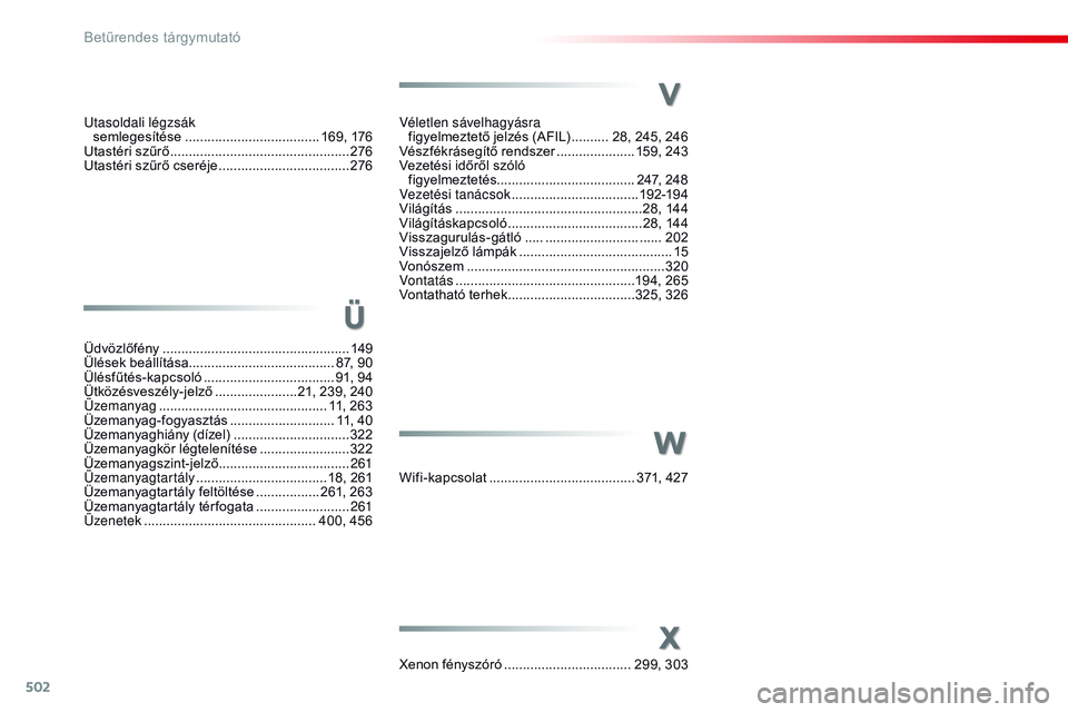 CITROEN JUMPER SPACETOURER 2017 Kezelési útmutató (in Hungarian) 502
Spacetourer-VP_hu_Chap11_index-alpha_ed01-2016
Ü
W
X
Utasoldali légzsák semlegesítése .............................. ...... 169, 176
Utastéri szűrő
..................................... CITROEN JUMPER SPACETOURER 2017 Kezelési útmutató (in Hungarian) 502
Spacetourer-VP_hu_Chap11_index-alpha_ed01-2016
Ü
W
X
Utasoldali légzsák semlegesítése .............................. ...... 169, 176
Utastéri szűrő
.....................................