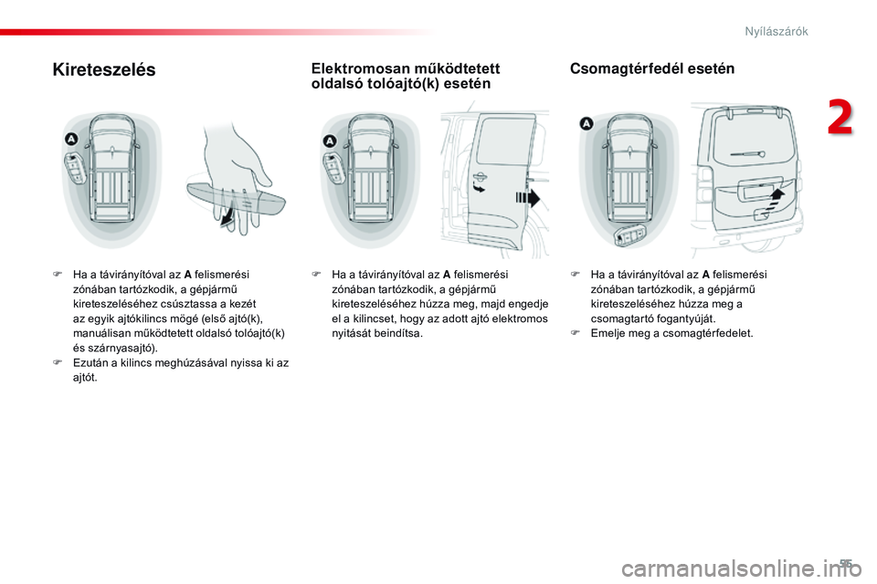 CITROEN JUMPER SPACETOURER 2017  Kezelési útmutató (in Hungarian) 55
Spacetourer-VP_hu_Chap02_ouvertures_ed01-2016
Kireteszelés
F Ha a távirányítóval az A felismerési zónában tartózkodik, a gépjármű 
kireteszeléséhez csúsztassa a kezét 
az egyik ajt