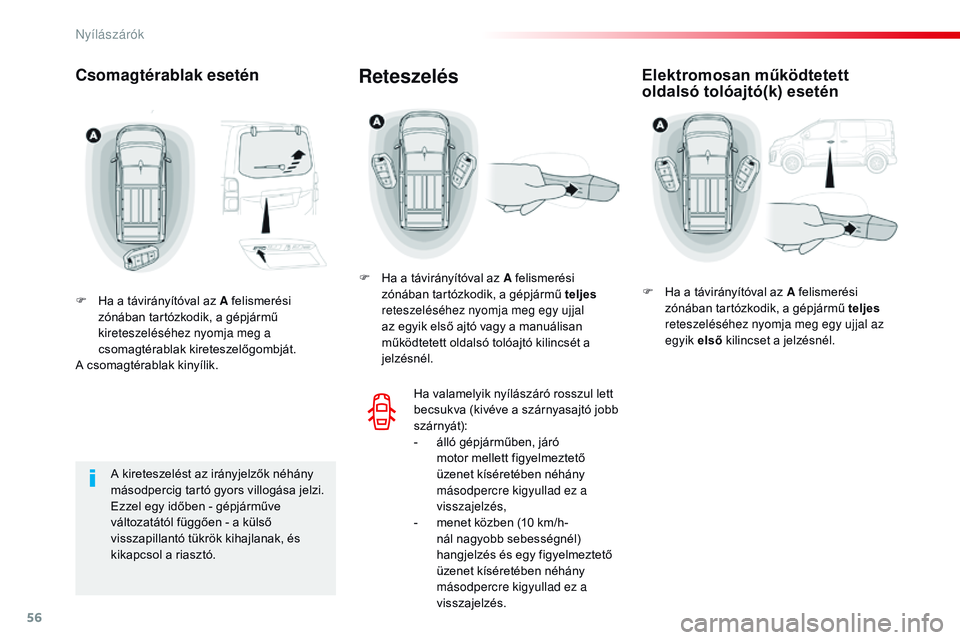 CITROEN JUMPER SPACETOURER 2017  Kezelési útmutató (in Hungarian) 56
Spacetourer-VP_hu_Chap02_ouvertures_ed01-2016
Csomagtérablak esetén
F Ha a távirányítóval az A felismerési zónában tartózkodik, a gépjármű 
kireteszeléséhez nyomja meg a 
csomagtéra