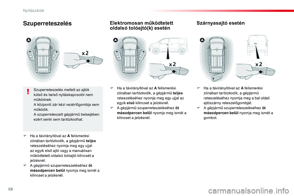 CITROEN JUMPER SPACETOURER 2017  Kezelési útmutató (in Hungarian) 58
Spacetourer-VP_hu_Chap02_ouvertures_ed01-2016
Szuperreteszelés
Szuperreteszelés mellett az ajtók 
külső és belső nyitáskapcsolói nem 
működnek.
A központi zár kézi vezérlőgombja sem