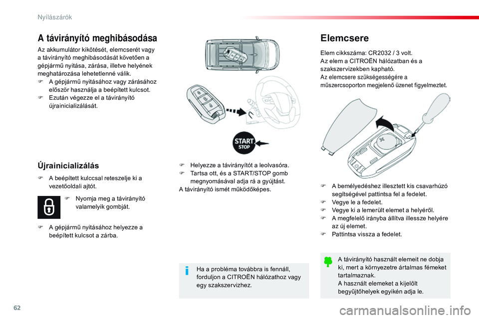 CITROEN JUMPER SPACETOURER 2017 Kezelési útmutató (in Hungarian) 62
Spacetourer-VP_hu_Chap02_ouvertures_ed01-2016
Elemcsere
Elem cikkszáma: CR2032 / 3 volt.
Az elem a CITROËN hálózatban és a
szakszervizekben kapható.
Az elemcsere szükségességére a
műsz CITROEN JUMPER SPACETOURER 2017 Kezelési útmutató (in Hungarian) 62
Spacetourer-VP_hu_Chap02_ouvertures_ed01-2016
Elemcsere
Elem cikkszáma: CR2032 / 3 volt.
Az elem a CITROËN hálózatban és a
szakszervizekben kapható.
Az elemcsere szükségességére a
műsz