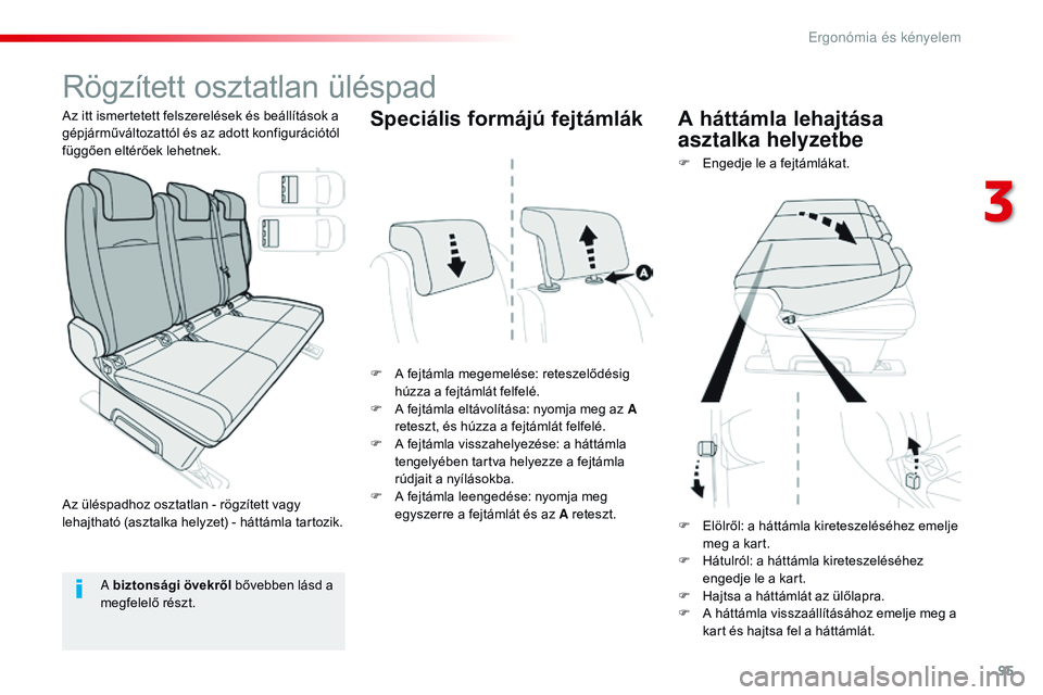 CITROEN JUMPER SPACETOURER 2017  Kezelési útmutató (in Hungarian) 95
Spacetourer-VP_hu_Chap03_ergonomie-et-confort_ed01-2016
Rögzített osztatlan üléspad
F A fejtámla megemelése: reteszelődésig húzza a fejtámlát felfelé.
F
 
A f
 ejtámla eltávolítása: