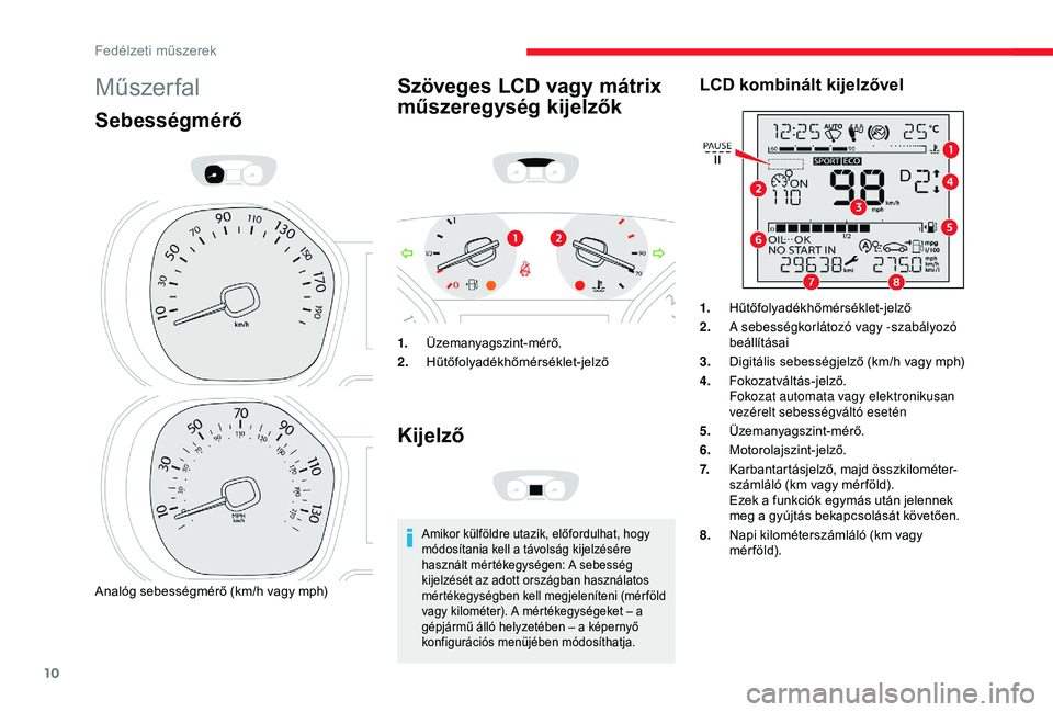 CITROEN JUMPER DISPATCH 2018  Kezelési útmutató (in Hungarian) 10
Műszer fal
Sebességmérő
Analóg sebességmérő (km/h vagy mph)
Szöveges LCD vagy mátrix 
műszeregység kijelzők
1.Üzemanyagszint-mérő.
2. Hűtőfolyadékhőmérséklet-jelző
Kijelző
A