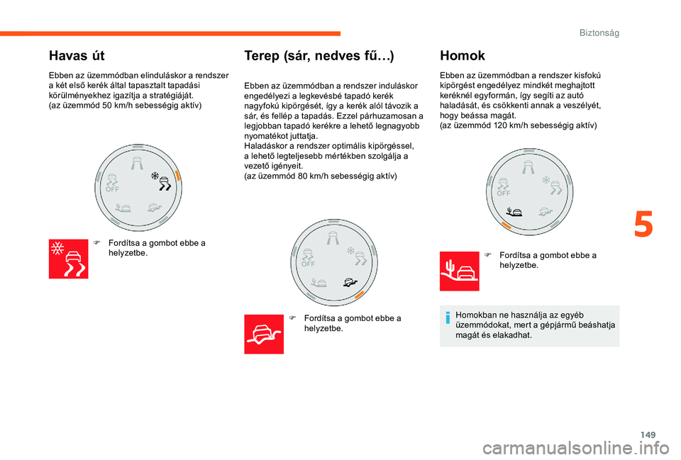 CITROEN JUMPER DISPATCH 2018 Kezelési útmutató (in Hungarian) 149
Havas út
F Fordítsa a gombot ebbe a helyzetbe.
Terep (sár, nedves fű…)
F Fordítsa a gombot ebbe a helyzetbe.
Ebben az üzemmódban elinduláskor a rendszer
a két első kerék által tapa CITROEN JUMPER DISPATCH 2018 Kezelési útmutató (in Hungarian) 149
Havas út
F Fordítsa a gombot ebbe a helyzetbe.
Terep (sár, nedves fű…)
F Fordítsa a gombot ebbe a helyzetbe.
Ebben az üzemmódban elinduláskor a rendszer
a két első kerék által tapa
