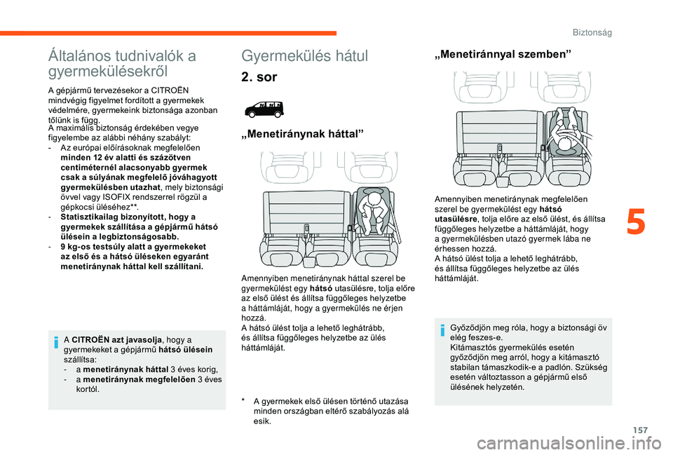 CITROEN JUMPER DISPATCH 2018  Kezelési útmutató (in Hungarian) 157
Általános tudnivalók a 
gyermekülésekről
* A gyermekek első ülésen történő utazása minden országban eltérő szabályozás alá 
esik.
A gépjármű ter vezésekor a CITROËN 
mindv�