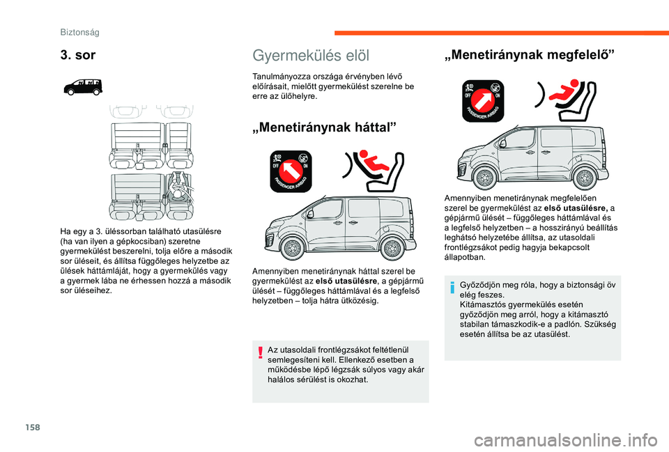 CITROEN JUMPER DISPATCH 2018 Kezelési útmutató (in Hungarian) 158
Gyermekülés elöl
„Menetiránynak háttal”
Az utasoldali frontlégzsákot feltétlenül
semlegesíteni kell. Ellenkező esetben a
működésbe lépő légzsák súlyos vagy akár
halálos CITROEN JUMPER DISPATCH 2018 Kezelési útmutató (in Hungarian) 158
Gyermekülés elöl
„Menetiránynak háttal”
Az utasoldali frontlégzsákot feltétlenül
semlegesíteni kell. Ellenkező esetben a
működésbe lépő légzsák súlyos vagy akár
halálos