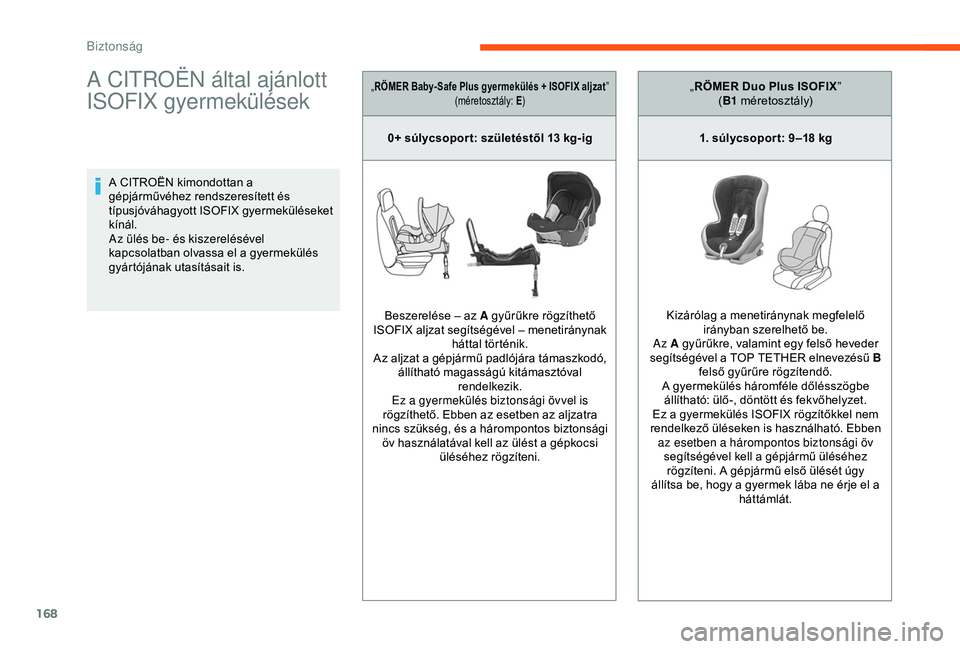 CITROEN JUMPER DISPATCH 2018  Kezelési útmutató (in Hungarian) 168
A CITROËN által ajánlott 
ISOFIX gyermekülések
A CITROËN kimondottan a 
gépjárművéhez rendszeresített és 
típusjóváhagyott ISOFIX gyermeküléseket 
kínál.
Az ülés be- és kisze