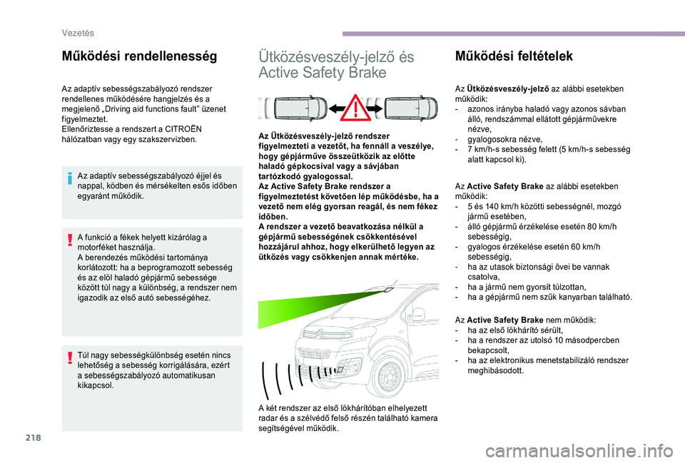 CITROEN JUMPER DISPATCH 2018 Kezelési útmutató (in Hungarian) 218
A funkció a fékek helyett kizárólag a
motorféket használja.
A berendezés működési tartománya
korlátozott: ha a beprogramozott sebesség
és az elöl haladó gépjármű sebessége
CITROEN JUMPER DISPATCH 2018 Kezelési útmutató (in Hungarian) 218
A funkció a fékek helyett kizárólag a
motorféket használja.
A berendezés működési tartománya
korlátozott: ha a beprogramozott sebesség
és az elöl haladó gépjármű sebessége