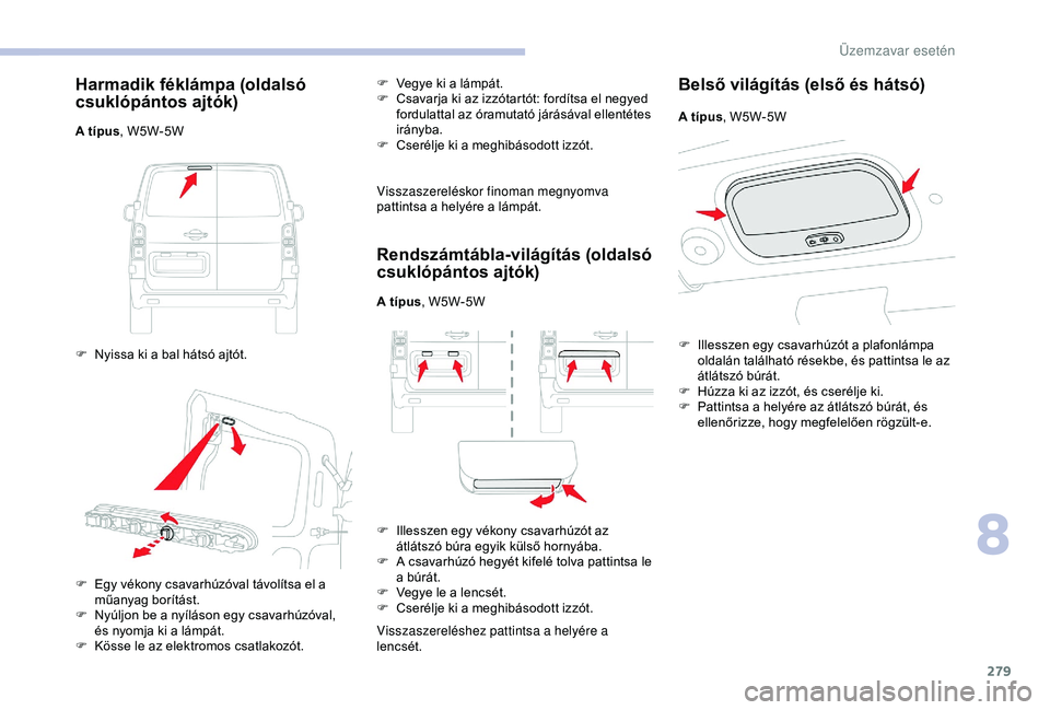 CITROEN JUMPER DISPATCH 2018  Kezelési útmutató (in Hungarian) 279
Harmadik féklámpa (oldalsó 
csuklópántos ajtók)
A típus, W5W-5W
F  
N
 yissa ki a bal hátsó ajtót. F
 
V
 egye ki a lámpát.
F  
C
 savarja ki az izzótartót: fordítsa el negyed 
ford