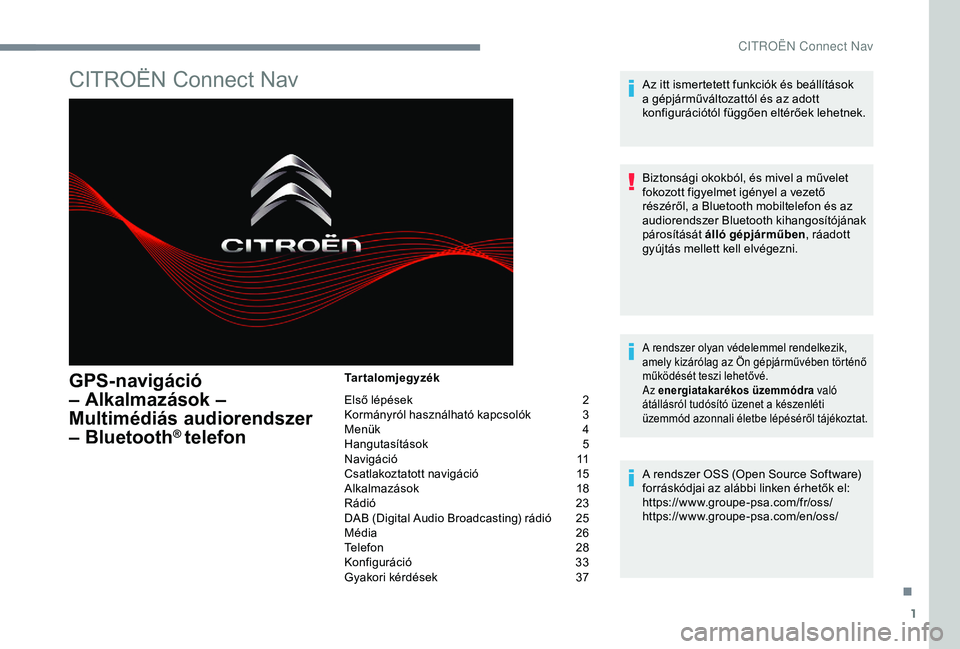 CITROEN JUMPER DISPATCH 2018 Kezelési útmutató (in Hungarian) 1
CITROËN Connect Nav
GPS-navigáció
– Alkalmazások –
Multimédiás audiorendszer
– Bluetooth
® telefon
Tartalomjegyzék
Első lépések
2
K
ormányról használható kapcsolók
3
M
e CITROEN JUMPER DISPATCH 2018 Kezelési útmutató (in Hungarian) 1
CITROËN Connect Nav
GPS-navigáció
– Alkalmazások –
Multimédiás audiorendszer
– Bluetooth
® telefon
Tartalomjegyzék
Első lépések
2
K
ormányról használható kapcsolók
3
M
e