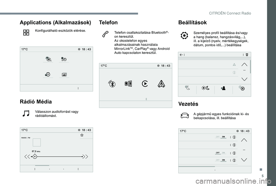 CITROEN JUMPER DISPATCH 2018  Kezelési útmutató (in Hungarian) 5
Applications (Alkalmazások)
Konfigurálható eszközök elérése.
Rádió Média
Válasszon audioforrást vagy 
rádióállomást.
Telefon
Telefon csatlakoztatása Bluetooth®-
on keresztül.
Az o