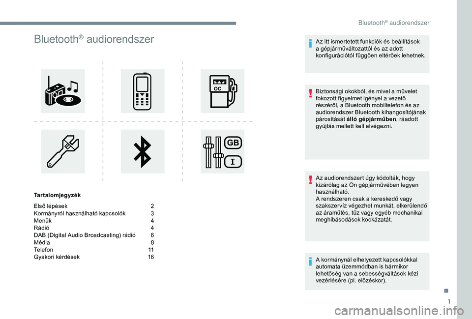 CITROEN JUMPER DISPATCH 2018 Kezelési útmutató (in Hungarian) 1
Bluetooth® audiorendszer
Tartalomjegyzék
Első lépések
2
K
ormányról használható kapcsolók
3
M
enük
4
R
ádió
4
D
AB (Digital Audio Broadcasting) rádió
6
M
édia
8
T
elef CITROEN JUMPER DISPATCH 2018 Kezelési útmutató (in Hungarian) 1
Bluetooth® audiorendszer
Tartalomjegyzék
Első lépések
2
K
ormányról használható kapcsolók
3
M
enük
4
R
ádió
4
D
AB (Digital Audio Broadcasting) rádió
6
M
édia
8
T
elef