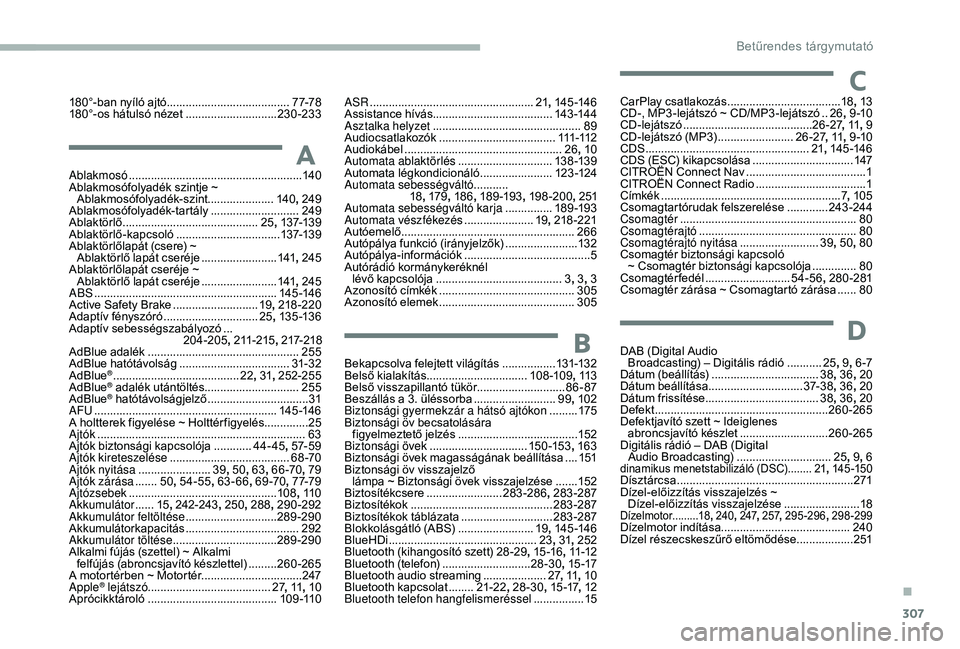 CITROEN JUMPER DISPATCH 2018  Kezelési útmutató (in Hungarian) 307
180°-ban nyíló ajtó .......................................7 7-78
180°-os hátulsó nézet  .............................23
0-233
AAblakmosó .................................................