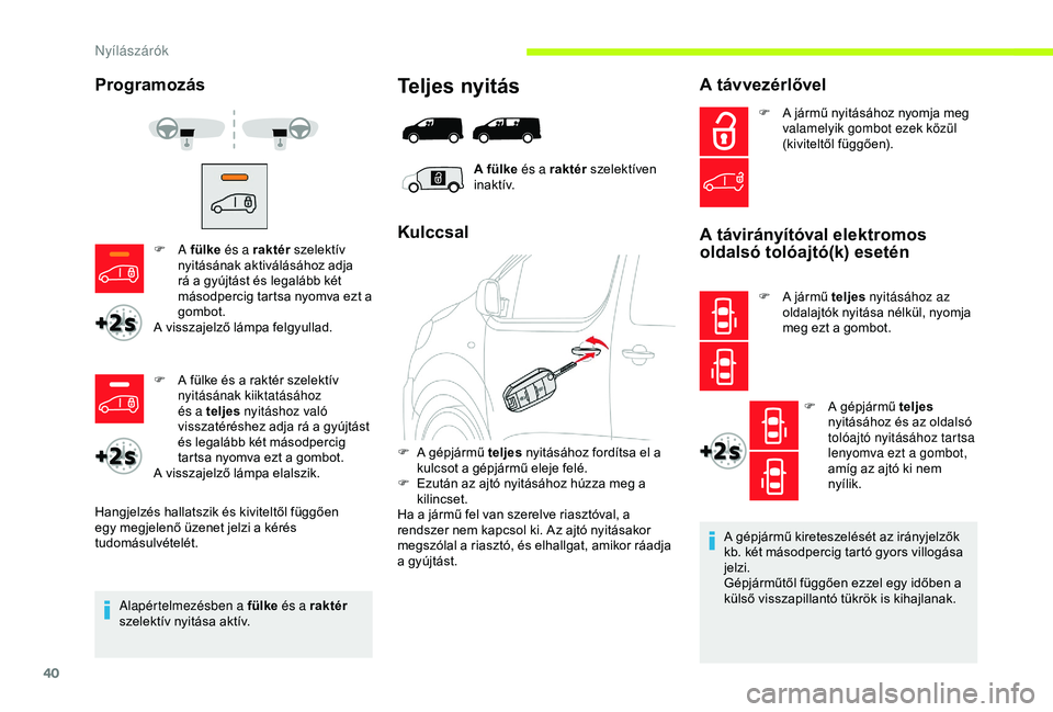 CITROEN JUMPER DISPATCH 2018 Kezelési útmutató (in Hungarian) 40
A gépjármű kireteszelését az irányjelzők
kb. két másodpercig tartó gyors villogása
jelzi.
Gépjárműtől függően ezzel egy időben a
külső visszapillantó tükrök is kihajlanak. CITROEN JUMPER DISPATCH 2018 Kezelési útmutató (in Hungarian) 40
A gépjármű kireteszelését az irányjelzők
kb. két másodpercig tartó gyors villogása
jelzi.
Gépjárműtől függően ezzel egy időben a
külső visszapillantó tükrök is kihajlanak.