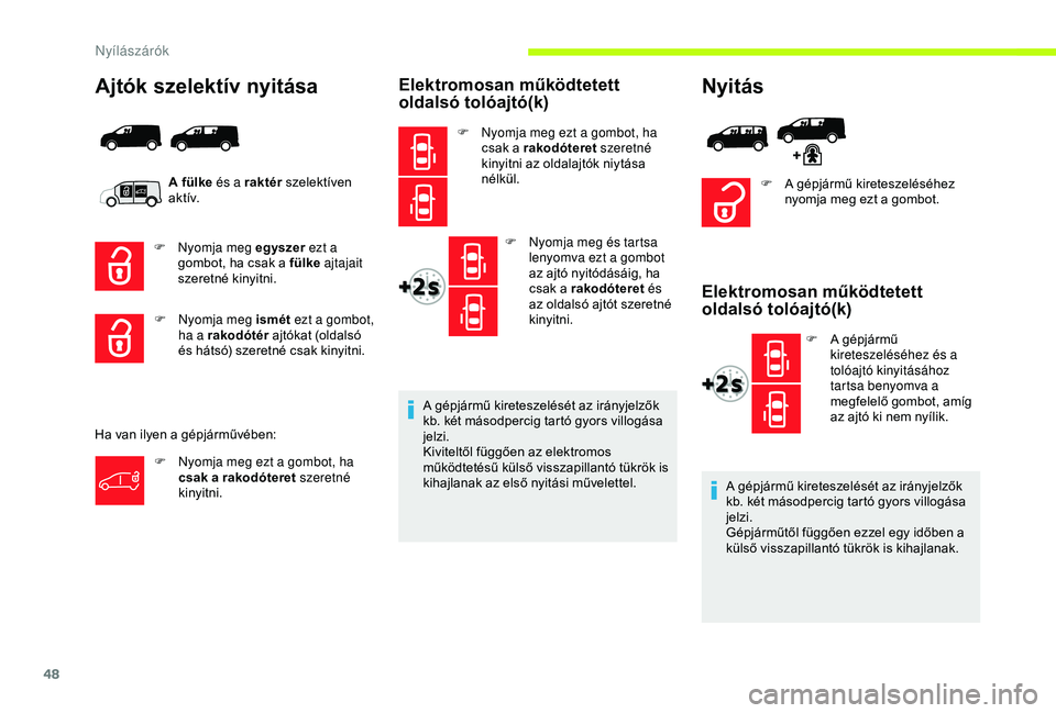 CITROEN JUMPER DISPATCH 2018 Kezelési útmutató (in Hungarian) 48
Ajtók szelektív nyitása
A fülke és a raktér szelektíven
a k tív.
F
N
yomja meg egyszer ezt a
gombot, ha csak a fülke ajtajait
szeretné kinyitni.
Ha van ilyen a gépjárművében:
CITROEN JUMPER DISPATCH 2018 Kezelési útmutató (in Hungarian) 48
Ajtók szelektív nyitása
A fülke és a raktér szelektíven
a k tív.
F
N
yomja meg egyszer ezt a
gombot, ha csak a fülke ajtajait
szeretné kinyitni.
Ha van ilyen a gépjárművében: