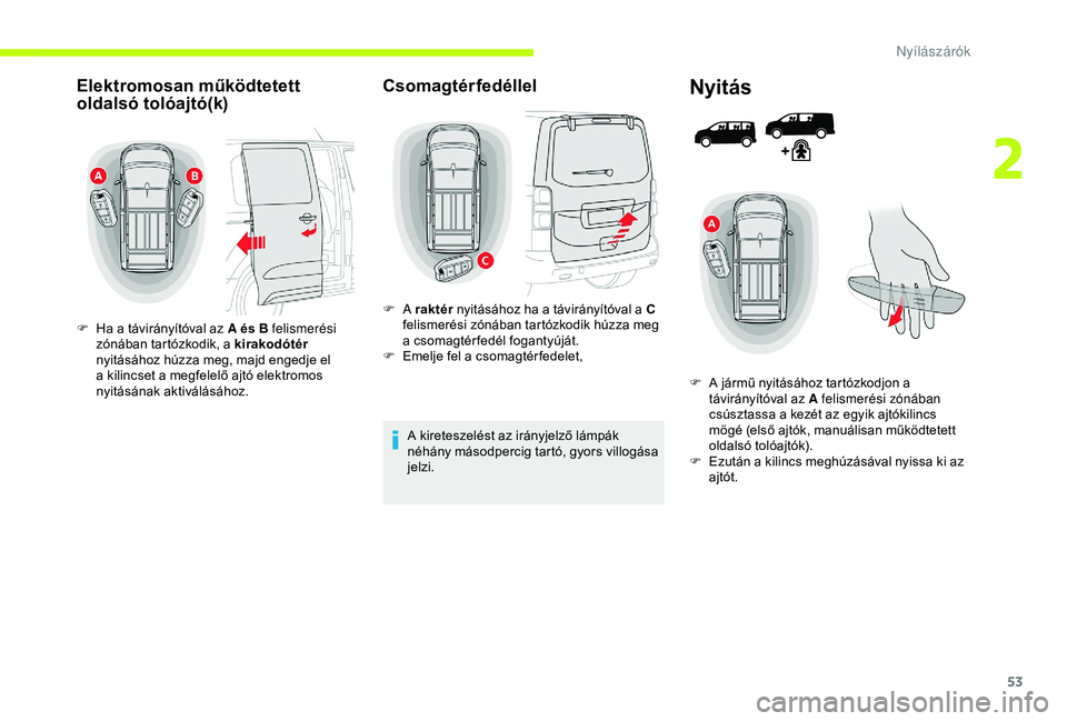 CITROEN JUMPER DISPATCH 2018 Kezelési útmutató (in Hungarian) 53
Elektromosan működtetett
oldalsó tolóajtó(k)
F Ha a távirányítóval az A és B felismerési zónában tartózkodik, a kirakodótér
nyitásához húzza meg, majd engedje el
a kilincset CITROEN JUMPER DISPATCH 2018 Kezelési útmutató (in Hungarian) 53
Elektromosan működtetett
oldalsó tolóajtó(k)
F Ha a távirányítóval az A és B felismerési zónában tartózkodik, a kirakodótér
nyitásához húzza meg, majd engedje el
a kilincset