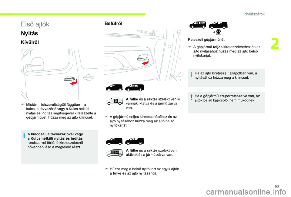 CITROEN JUMPER DISPATCH 2018 Kezelési útmutató (in Hungarian) 63
Első ajtók
Nyitás
Kívülről
F Miután – felszereltségtől függően – a kulcs, a távvezérlő vagy a Kulcs nélküli
nyitás és indítás segítségével kireteszelte a
gépjárművet CITROEN JUMPER DISPATCH 2018 Kezelési útmutató (in Hungarian) 63
Első ajtók
Nyitás
Kívülről
F Miután – felszereltségtől függően – a kulcs, a távvezérlő vagy a Kulcs nélküli
nyitás és indítás segítségével kireteszelte a
gépjárművet