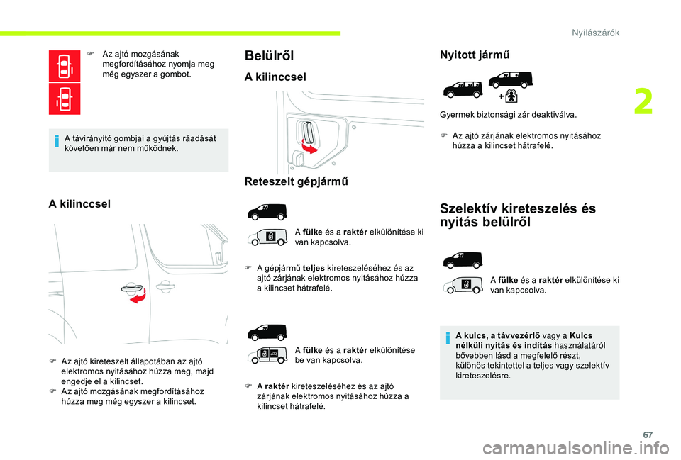 CITROEN JUMPER DISPATCH 2018 Kezelési útmutató (in Hungarian) 67
F Az ajtó mozgásának megfordításához nyomja meg
még egyszer a gombot.
A távirányító gombjai a gyújtás ráadását
követően már nem működnek.
A kilinccsel
F Az ajtó kireteszelt CITROEN JUMPER DISPATCH 2018 Kezelési útmutató (in Hungarian) 67
F Az ajtó mozgásának megfordításához nyomja meg
még egyszer a gombot.
A távirányító gombjai a gyújtás ráadását
követően már nem működnek.
A kilinccsel
F Az ajtó kireteszelt