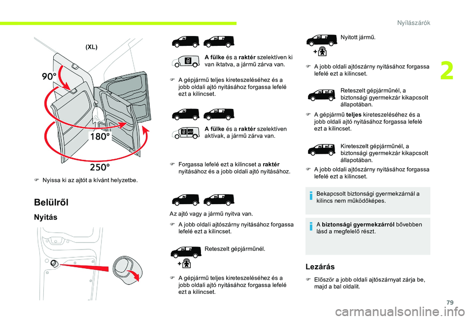 CITROEN JUMPER DISPATCH 2018 Kezelési útmutató (in Hungarian) 79
Belülről
Nyitás
A fülke és a raktér szelektíven ki
van iktatva, a jármű zár va van.
F
A g
épjármű teljes kireteszeléséhez és a
jobb oldali ajtó nyitásához forgassa lefelé
CITROEN JUMPER DISPATCH 2018 Kezelési útmutató (in Hungarian) 79
Belülről
Nyitás
A fülke és a raktér szelektíven ki
van iktatva, a jármű zár va van.
F
A g
épjármű teljes kireteszeléséhez és a
jobb oldali ajtó nyitásához forgassa lefelé