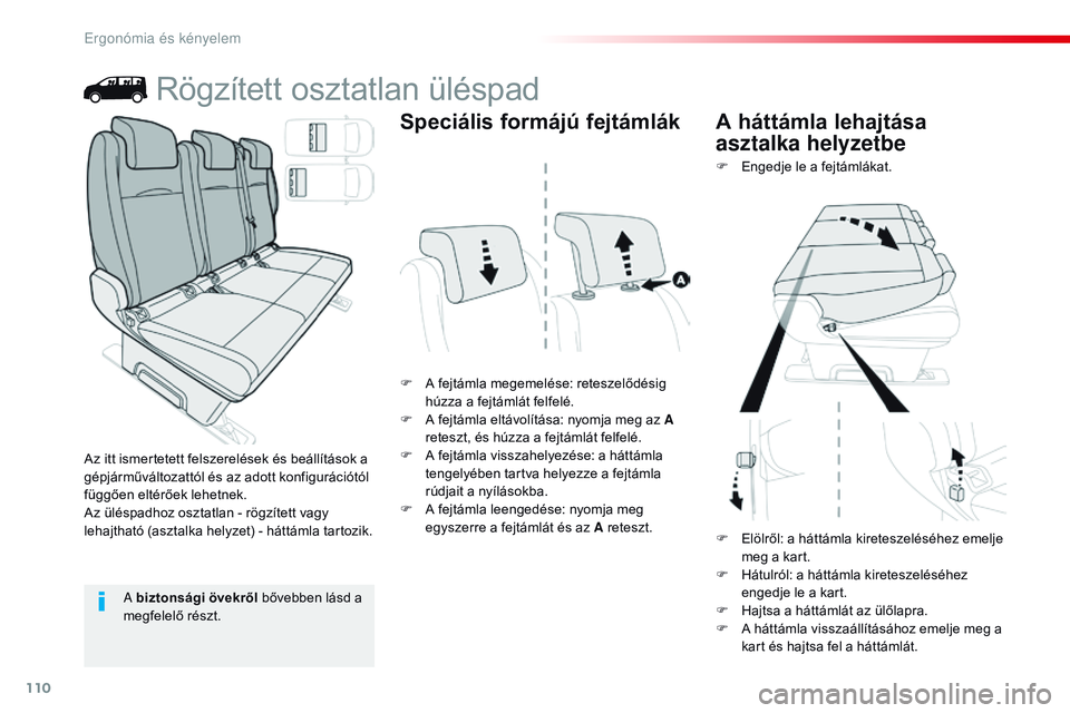 CITROEN JUMPER DISPATCH 2017  Kezelési útmutató (in Hungarian) 110
Jumpy _hu_Chap03_ergonomie-et-confort_ed01-2016
Rögzített osztatlan üléspad
F A fejtámla megemelése: reteszelődésig húzza a fejtámlát felfelé.
F
 
A f
 ejtámla eltávolítása: nyomja