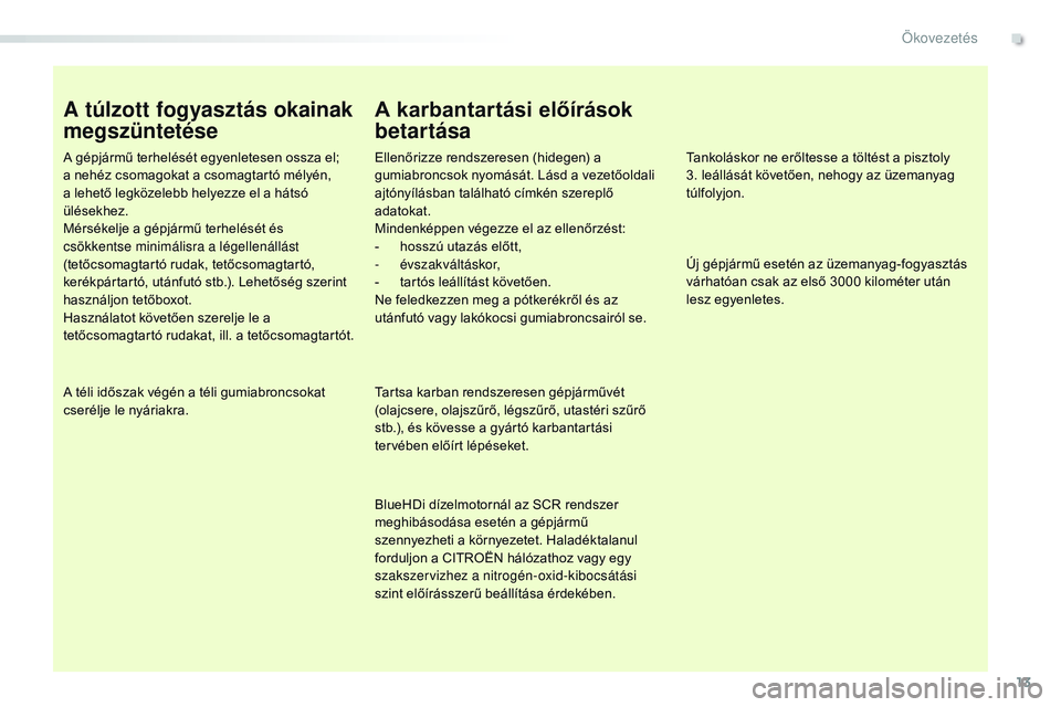 CITROEN JUMPER DISPATCH 2017 Kezelési útmutató (in Hungarian) 13
Jumpy _hu_Chap00c_eco-conduite_ed01-2016
A túlzott fogyasztás okainak
megszüntetése
A gépjármű terhelését egyenletesen ossza el;
a nehéz csomagokat a csomagtartó mélyén,
a lehető l CITROEN JUMPER DISPATCH 2017 Kezelési útmutató (in Hungarian) 13
Jumpy _hu_Chap00c_eco-conduite_ed01-2016
A túlzott fogyasztás okainak
megszüntetése
A gépjármű terhelését egyenletesen ossza el;
a nehéz csomagokat a csomagtartó mélyén,
a lehető l