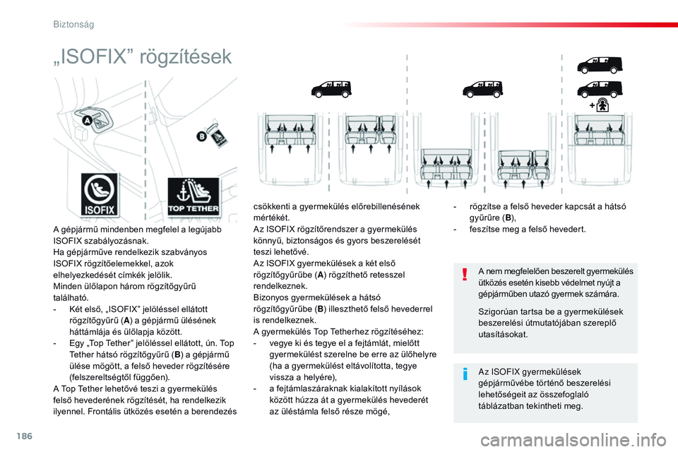 CITROEN JUMPER DISPATCH 2017 Kezelési útmutató (in Hungarian) 186
Jumpy _hu_Chap05_securite_ed01-2016
„ISOFIX” rögzítések
A nem megfelelően beszerelt gyermekülés
ütközés esetén kisebb védelmet nyújt a
gépjárműben utazó gyermek számára.
Az CITROEN JUMPER DISPATCH 2017 Kezelési útmutató (in Hungarian) 186
Jumpy _hu_Chap05_securite_ed01-2016
„ISOFIX” rögzítések
A nem megfelelően beszerelt gyermekülés
ütközés esetén kisebb védelmet nyújt a
gépjárműben utazó gyermek számára.
Az