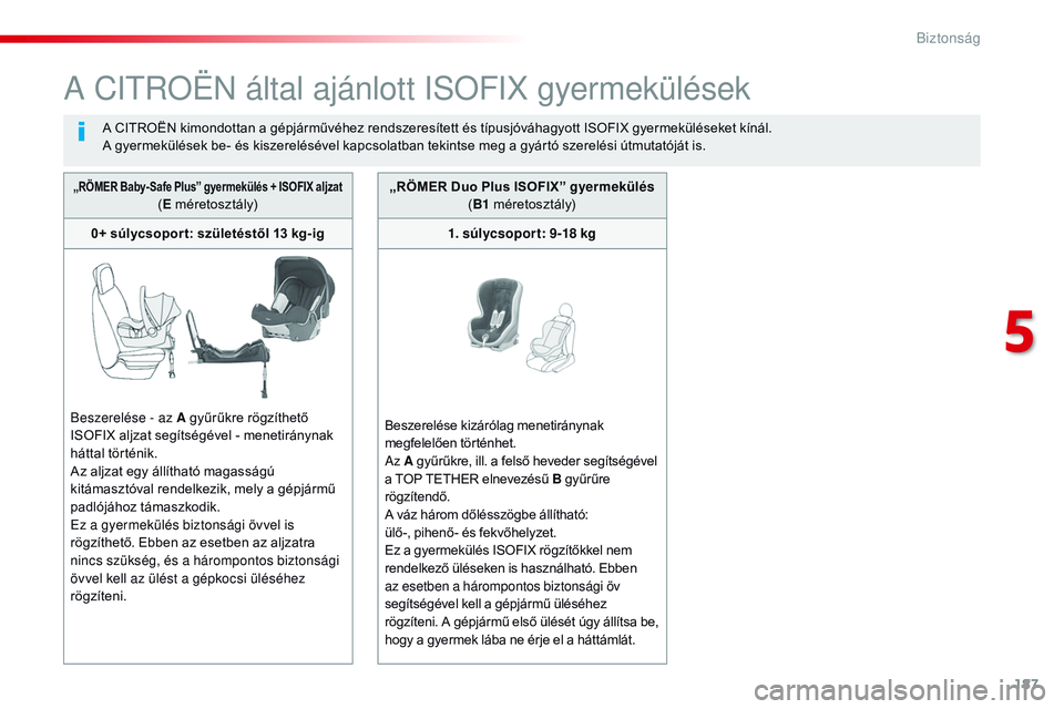 CITROEN JUMPER DISPATCH 2017 Kezelési útmutató (in Hungarian) 187
Jumpy _hu_Chap05_securite_ed01-2016
A Citroën által ajánlott iSoFiX g yermekülések
A CITROËN kimondottan a gépjárművéhez rendszeresített és típusjóváhagyott ISOFIX gyermeküléseke CITROEN JUMPER DISPATCH 2017 Kezelési útmutató (in Hungarian) 187
Jumpy _hu_Chap05_securite_ed01-2016
A Citroën által ajánlott iSoFiX g yermekülések
A CITROËN kimondottan a gépjárművéhez rendszeresített és típusjóváhagyott ISOFIX gyermeküléseke