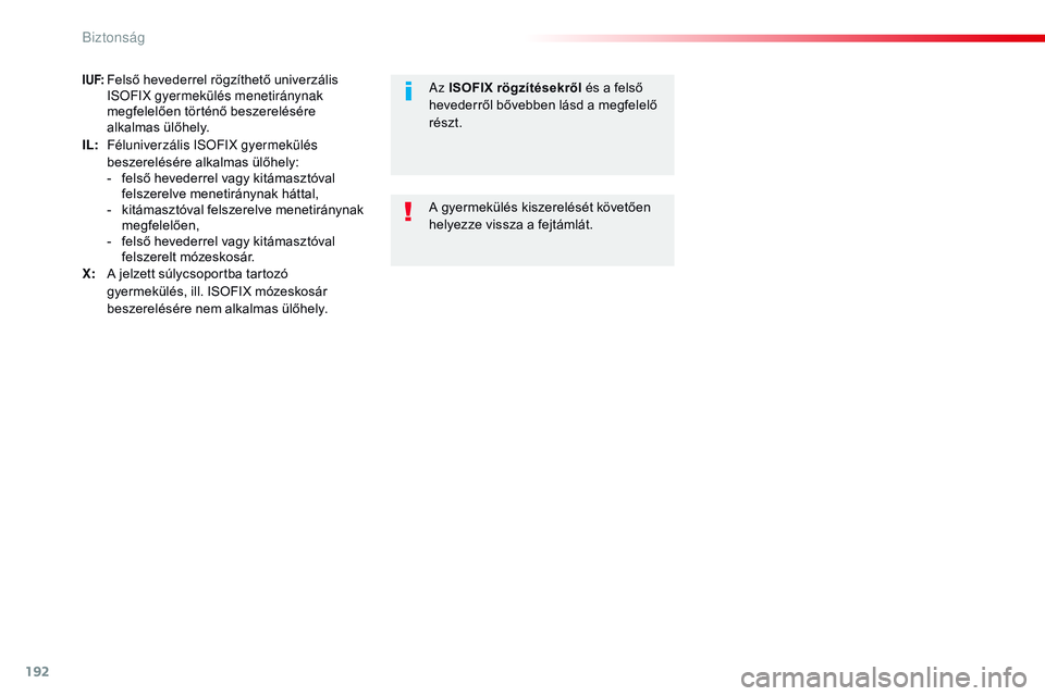 CITROEN JUMPER DISPATCH 2017 Kezelési útmutató (in Hungarian) 192
Jumpy _hu_Chap05_securite_ed01-2016
I UF: Felső hevederrel rögzíthető univerzális iSoFiX gyermekülés menetiránynak
megfelelően történő beszerelésére
alkalmas ülőhely.
IL:
F
él CITROEN JUMPER DISPATCH 2017 Kezelési útmutató (in Hungarian) 192
Jumpy _hu_Chap05_securite_ed01-2016
I UF: Felső hevederrel rögzíthető univerzális iSoFiX gyermekülés menetiránynak
megfelelően történő beszerelésére
alkalmas ülőhely.
IL:
F
él
