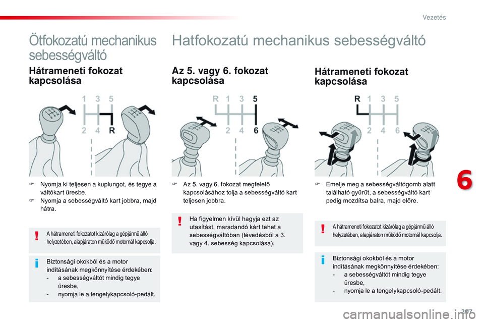 CITROEN JUMPER DISPATCH 2017 Kezelési útmutató (in Hungarian) 207
Jumpy _hu_Chap06_conduite_ed01-2016
A hátrameneti fokozatot kizárólag a gépjármű álló
helyzetében, alapjáraton működő motornál kapcsolja.
Biztonsági okokból és a motor
indítás CITROEN JUMPER DISPATCH 2017 Kezelési útmutató (in Hungarian) 207
Jumpy _hu_Chap06_conduite_ed01-2016
A hátrameneti fokozatot kizárólag a gépjármű álló
helyzetében, alapjáraton működő motornál kapcsolja.
Biztonsági okokból és a motor
indítás