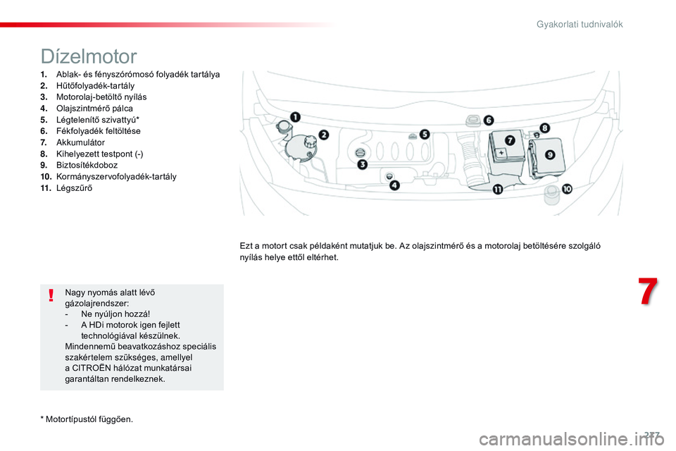 CITROEN JUMPER DISPATCH 2017  Kezelési útmutató (in Hungarian) 277
Jumpy _hu_Chap07_info-pratiques_ed01-2016
* Motortípustól függően.
Dízelmotor
1. Ablak- és fényszórómosó folyadék tartálya
2. Hűtőfolyadék-tartály
3.
 M

otorolaj-betöltő nyílá
