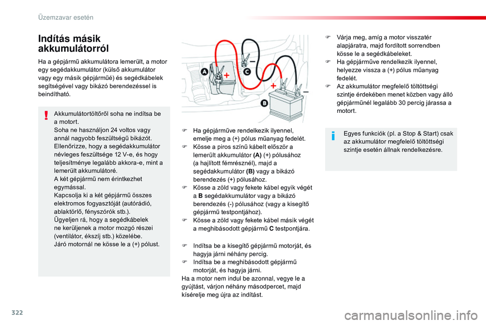 CITROEN JUMPER DISPATCH 2017 Kezelési útmutató (in Hungarian) 322
Jumpy _hu_Chap08_En-cas-de-panne_ed01-2016
Indítás másik
akkumulátorról
Akkumulátortöltőről soha ne indítsa be
a motort.
Soha ne használjon 24 voltos vagy
annál nagyobb feszültség CITROEN JUMPER DISPATCH 2017 Kezelési útmutató (in Hungarian) 322
Jumpy _hu_Chap08_En-cas-de-panne_ed01-2016
Indítás másik
akkumulátorról
Akkumulátortöltőről soha ne indítsa be
a motort.
Soha ne használjon 24 voltos vagy
annál nagyobb feszültség