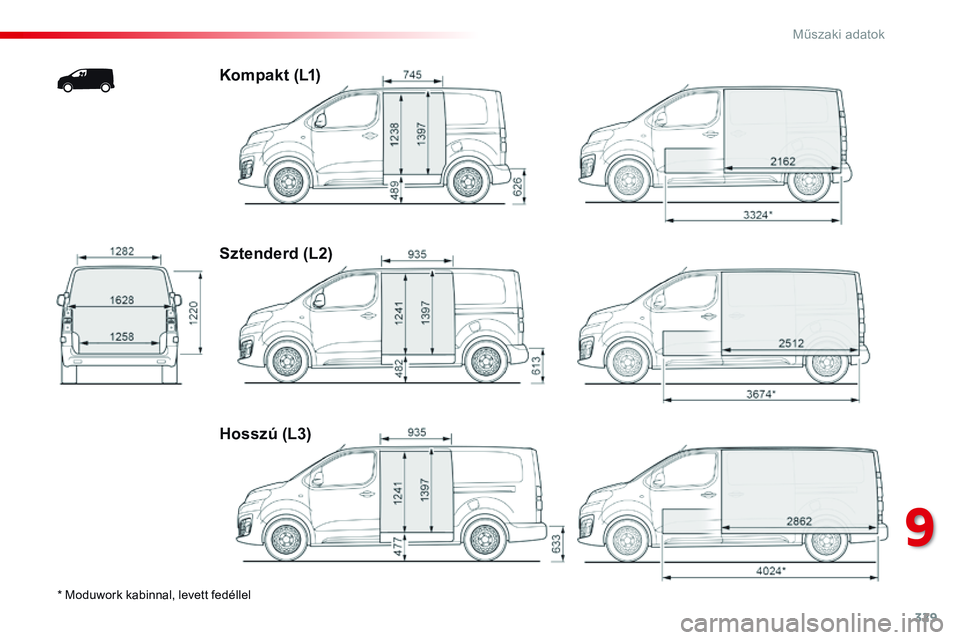 CITROEN JUMPER DISPATCH 2017 Kezelési útmutató (in Hungarian) 329
Jumpy _hu_Chap09_caracteristiques-techniques_ed01-2016
* Moduwork kabinnal, levett fedéllel
Kompakt (L1)
Sztenderd (L2)
Hosszú (L3)
9
Műszaki adatok CITROEN JUMPER DISPATCH 2017 Kezelési útmutató (in Hungarian) 329
Jumpy _hu_Chap09_caracteristiques-techniques_ed01-2016
* Moduwork kabinnal, levett fedéllel
Kompakt (L1)
Sztenderd (L2)
Hosszú (L3)
9
Műszaki adatok