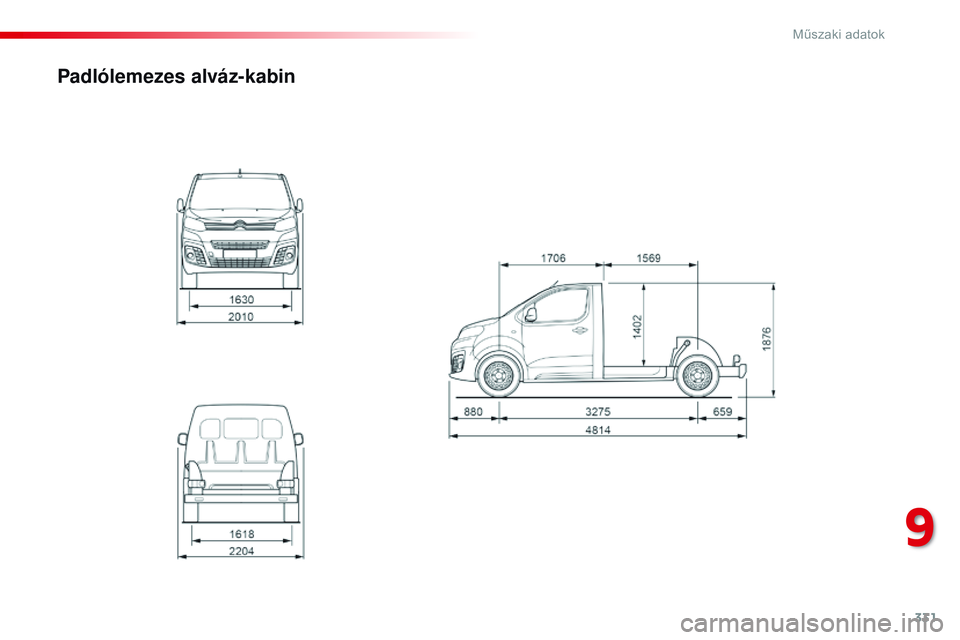 CITROEN JUMPER DISPATCH 2017 Kezelési útmutató (in Hungarian) 331
Jumpy _hu_Chap09_caracteristiques-techniques_ed01-2016
Padlólemezes alváz-kabin
9
0030 CITROEN JUMPER DISPATCH 2017 Kezelési útmutató (in Hungarian) 331
Jumpy _hu_Chap09_caracteristiques-techniques_ed01-2016
Padlólemezes alváz-kabin
9
0030