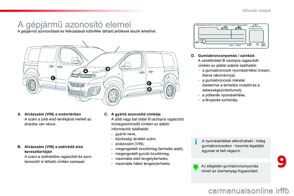 CITROEN JUMPER DISPATCH 2017 Kezelési útmutató (in Hungarian) 337
Jumpy _hu_Chap09_caracteristiques-techniques_ed01-2016
A gépjármű azonosító elemeiA gépjármű azonosítását és felkutatását különféle látható jelölések teszik lehetővé.
A.
A
CITROEN JUMPER DISPATCH 2017 Kezelési útmutató (in Hungarian) 337
Jumpy _hu_Chap09_caracteristiques-techniques_ed01-2016
A gépjármű azonosító elemeiA gépjármű azonosítását és felkutatását különféle látható jelölések teszik lehetővé.
A.
A