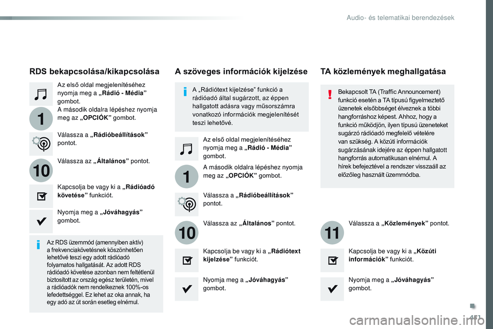 CITROEN JUMPER DISPATCH 2017  Kezelési útmutató (in Hungarian) 451
1
110
1011
Jumpy_hu_Chap10c_rCC-1_ed01-2016
Az első oldal megjelenítéséhez 
nyomja meg a „Rádió - Média”  
gombot.
Az első oldal megjelenítéséhez 
nyomja meg a „Rádió - Média
