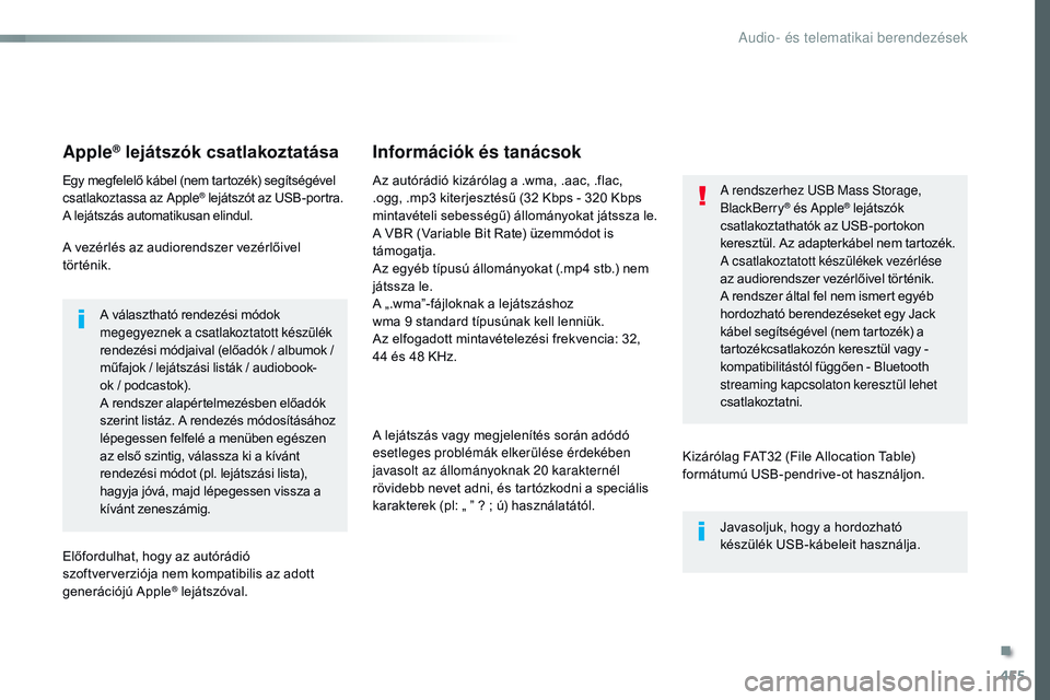 CITROEN JUMPER DISPATCH 2017  Kezelési útmutató (in Hungarian) 455
Jumpy_hu_Chap10c_rCC-1_ed01-2016
Apple® lejátszók csatlakoztatása
Egy megfelelő kábel (nem tartozék) segítségével 
csatlakoztassa az Apple® lejátszót az USB-portra.
A lejátszás auto