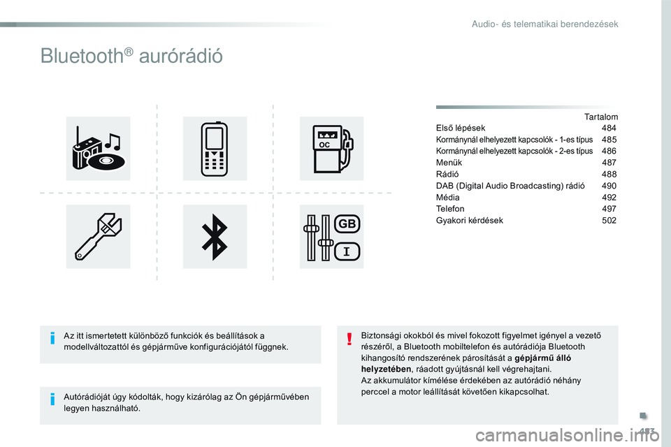 CITROEN JUMPER DISPATCH 2017  Kezelési útmutató (in Hungarian) 483
Jumpy_hu_Chap10d_rD6_ed01-2016
Bluetooth® aurórádió
tartalom
Első lépések
 4 84
Kormánynál elhelyezett kapcsolók - 1-es típus 485
Kormánynál elhelyezett kapcsolók - 2-es típus 486
M