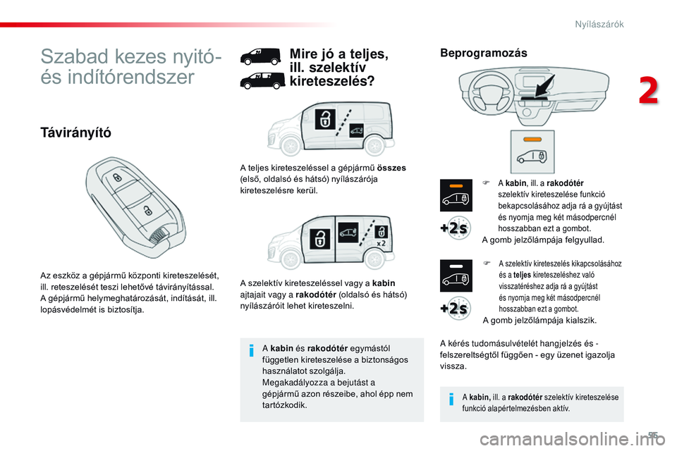 CITROEN JUMPER DISPATCH 2017 Kezelési útmutató (in Hungarian) 55
Jumpy _hu_Chap02_ouvertures_ed01-2016
Szabad kezes nyitó-
és indítórendszer
Az eszköz a gépjármű központi kireteszelését,
ill. reteszelését teszi lehetővé távirányítással.
A g CITROEN JUMPER DISPATCH 2017 Kezelési útmutató (in Hungarian) 55
Jumpy _hu_Chap02_ouvertures_ed01-2016
Szabad kezes nyitó-
és indítórendszer
Az eszköz a gépjármű központi kireteszelését,
ill. reteszelését teszi lehetővé távirányítással.
A g
