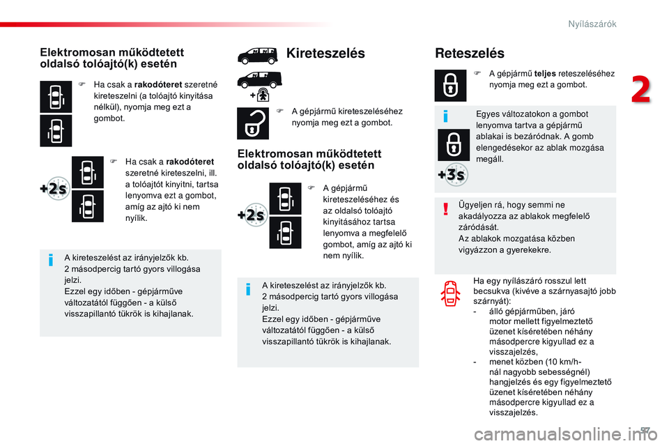 CITROEN JUMPER DISPATCH 2017 Kezelési útmutató (in Hungarian) 57
Jumpy _hu_Chap02_ouvertures_ed01-2016
Reteszelés
Ügyeljen rá, hogy semmi ne
akadályozza az ablakok megfelelő
záródását.
Az ablakok mozgatása közben
vigyázzon a gyerekekre.Ha egy nyí CITROEN JUMPER DISPATCH 2017 Kezelési útmutató (in Hungarian) 57
Jumpy _hu_Chap02_ouvertures_ed01-2016
Reteszelés
Ügyeljen rá, hogy semmi ne
akadályozza az ablakok megfelelő
záródását.
Az ablakok mozgatása közben
vigyázzon a gyerekekre.Ha egy nyí