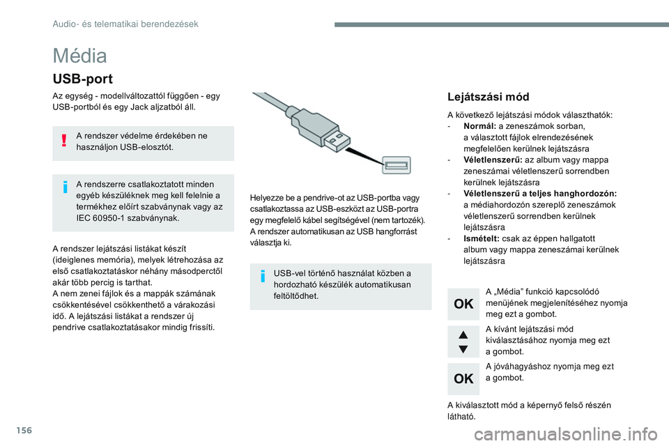 CITROEN JUMPER DISPATCH 2017 Kezelési útmutató (in Hungarian) 156
Média
USB-port
Az egység - modellváltozattól függően - egy
USB-portból és egy Jack aljzatból áll.Helyezze be a pendrive-ot az USB-portba vagy
csatlakoztassa az USB-eszközt az USB-port CITROEN JUMPER DISPATCH 2017 Kezelési útmutató (in Hungarian) 156
Média
USB-port
Az egység - modellváltozattól függően - egy
USB-portból és egy Jack aljzatból áll.Helyezze be a pendrive-ot az USB-portba vagy
csatlakoztassa az USB-eszközt az USB-port