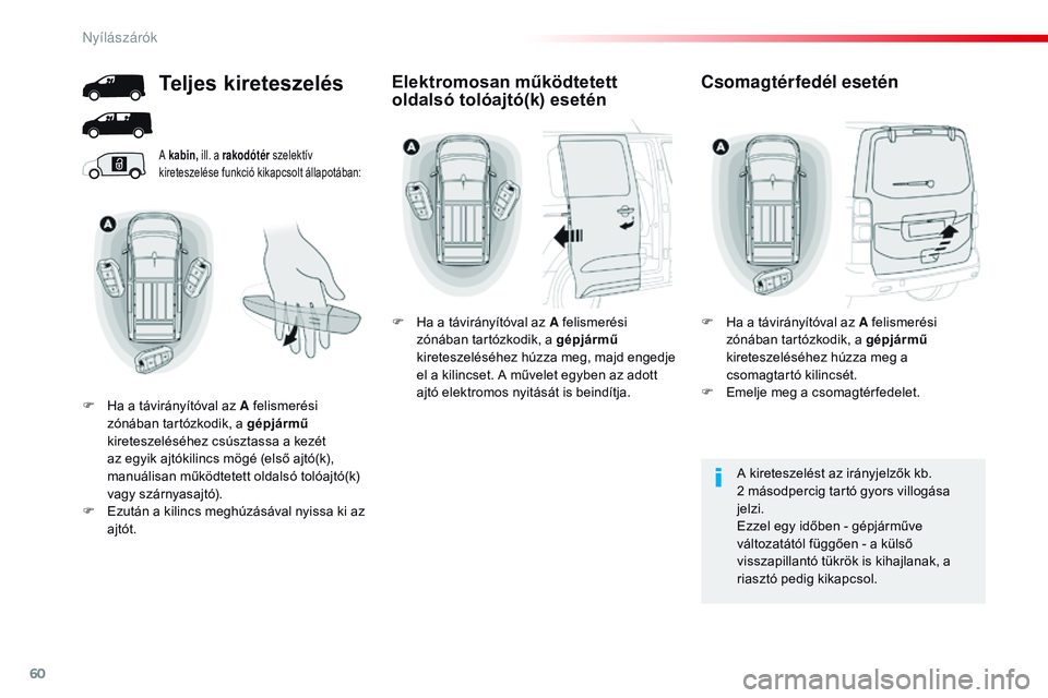 CITROEN JUMPER DISPATCH 2017 Kezelési útmutató (in Hungarian) 60
Jumpy _hu_Chap02_ouvertures_ed01-2016
A kabin, ill. a rakodótér szelektív
kireteszelése funkció kikapcsolt állapotában:
A kireteszelést az irányjelzők kb.
2 másodpercig tartó gyors CITROEN JUMPER DISPATCH 2017 Kezelési útmutató (in Hungarian) 60
Jumpy _hu_Chap02_ouvertures_ed01-2016
A kabin, ill. a rakodótér szelektív
kireteszelése funkció kikapcsolt állapotában:
A kireteszelést az irányjelzők kb.
2 másodpercig tartó gyors