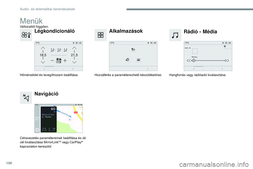 CITROEN JUMPER DISPATCH 2017  Kezelési útmutató (in Hungarian) 100
21,518,5
Transversal-Citroen_hu_Chap02_RCC-2-2-0_ed01-2016
Menük
Rádió - Média
Alkalmazások
Hangforrás vagy rádióadó kiválasztása
Hozzáférés a paraméterezhető készülékekhez
Lég